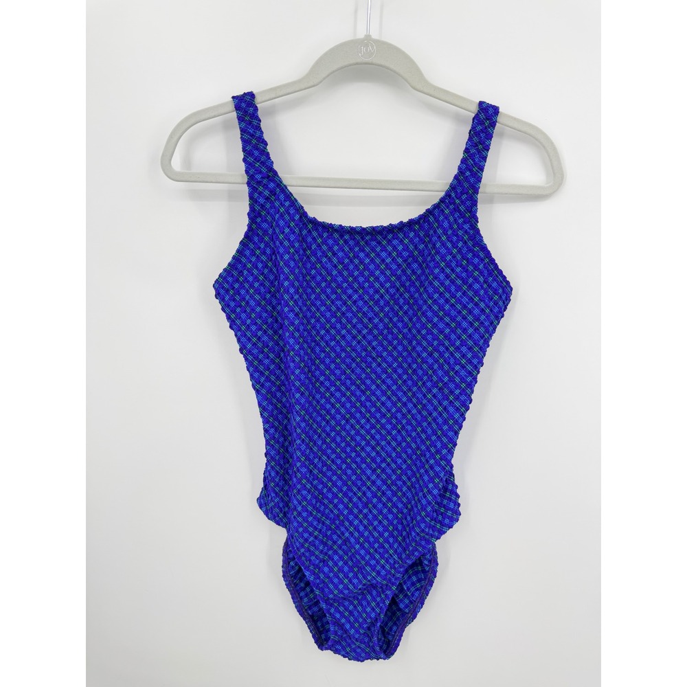Vtg Jantzen One Piece Swimsuit Women 12 Purple Blue Plaid Crinkle Popcorn USA